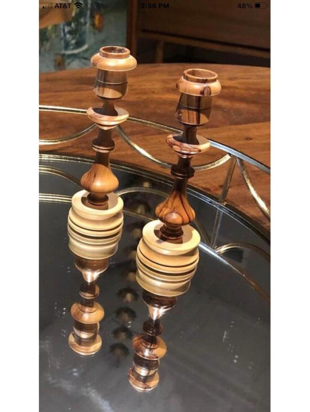 Handmade Olive Wood Candlesticks Set of 2 Spindle Turned Wood Candle Holders